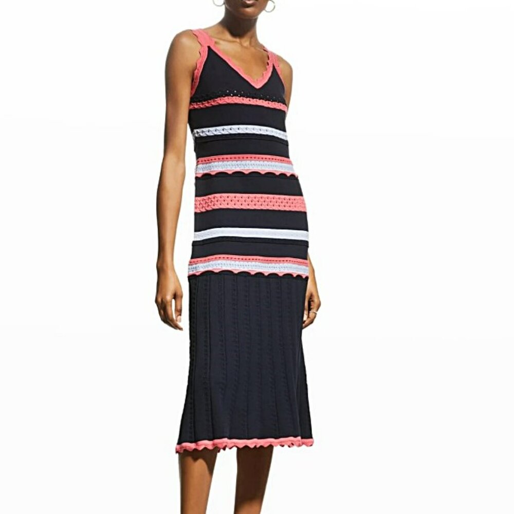 NWT Milly Multicolor Pointelle Knit Midi Dress Navy Pink Size M $425